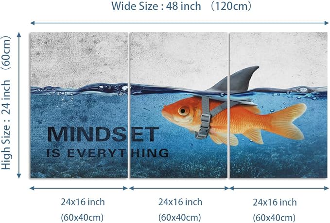 3 Panels Modern Framed Inspirational Canvas Wall Art Goldfish Body Strong Shark Heart Mindset is Everything Motivational Wooden Decor Posters for Office Gym Classroom Home Decoration(48''W x 24''H)