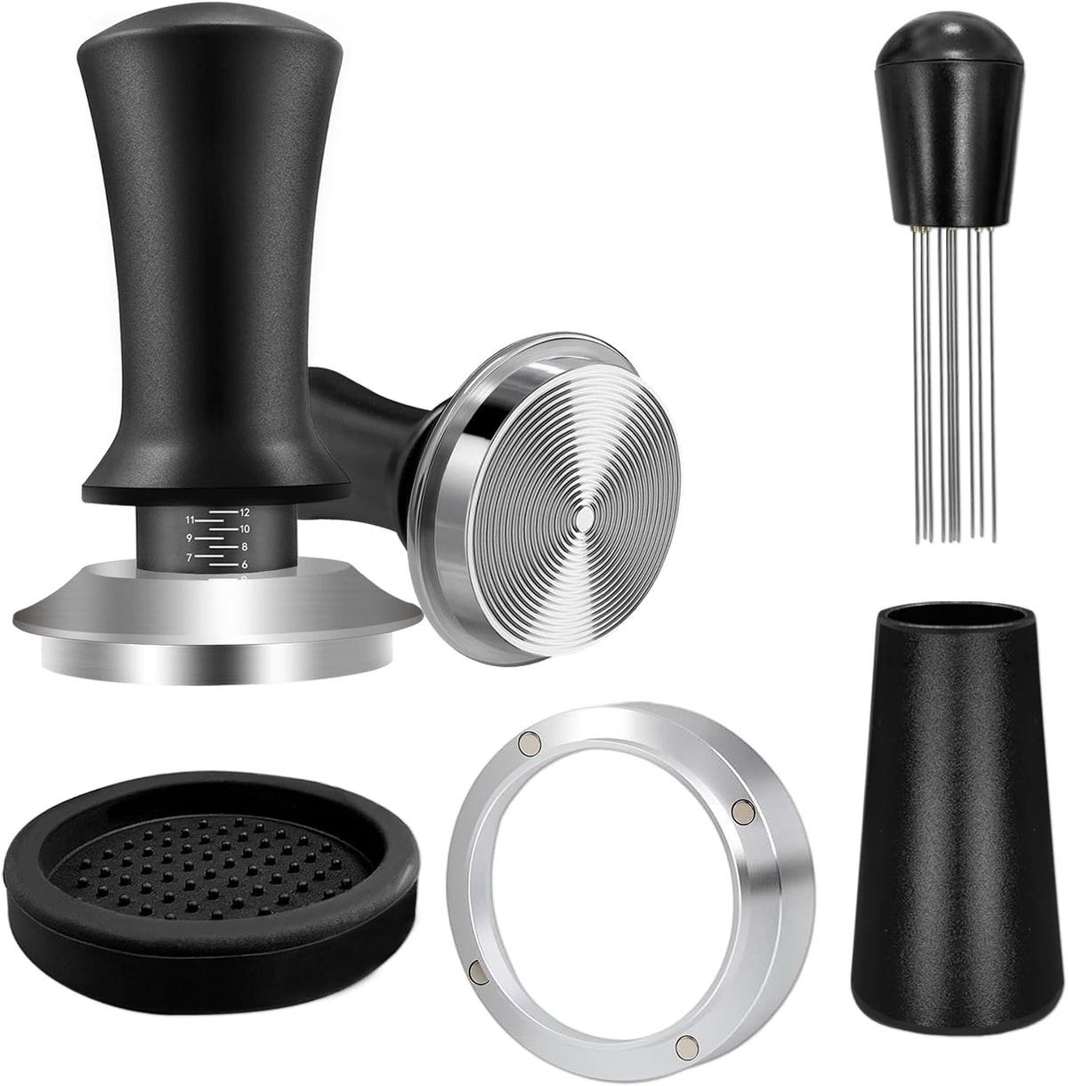 51mm Espresso Accessories Kit, Coffee Espresso Tamper Set, Spring-loaded Tamper, WDT Tool, Dosing Funnel and Silicone Gel Coffee Tamper Mat for Espresso Coffee Machines and 51 mm Portafilters
