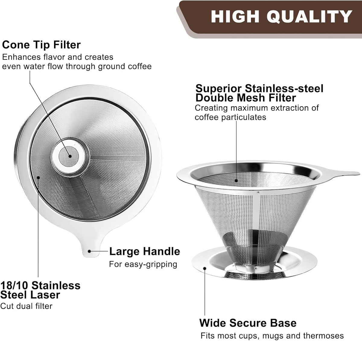 Upgraded Pour Over Coffee Filter, Coffee Dripper, Paperless Mess Stainless Steel Coffee Filter, Maker One to Two Cup Coffee, Easy to Use and Clean (Middle(1-2CUPS))