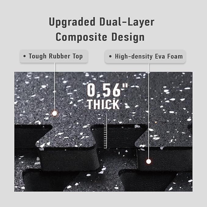 AIRHOP 0.56in Thick 96 Sq Ft Exercise Equipment Mats, 24 Tiles Upgraded Rubber Top with High Density EVA Foam, Large Interlocking Puzzle Gym Flooring for Home Gym, Heavy Weight Workout, 24 x 24in