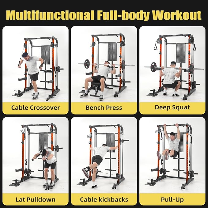 Power Cage, Squat Rack with Cable Crossover and Dual Independent Pulley System, 2000LB Capacity Workout Cage with More Training Attachments, Power Rack for Home Gym