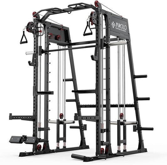 Mikolo Smith Machine, 2200lbs Squat Rack with LAT-Pull Down System & Cable Crossover Machine, Training Equipment with Leg Hold-Down Attachment