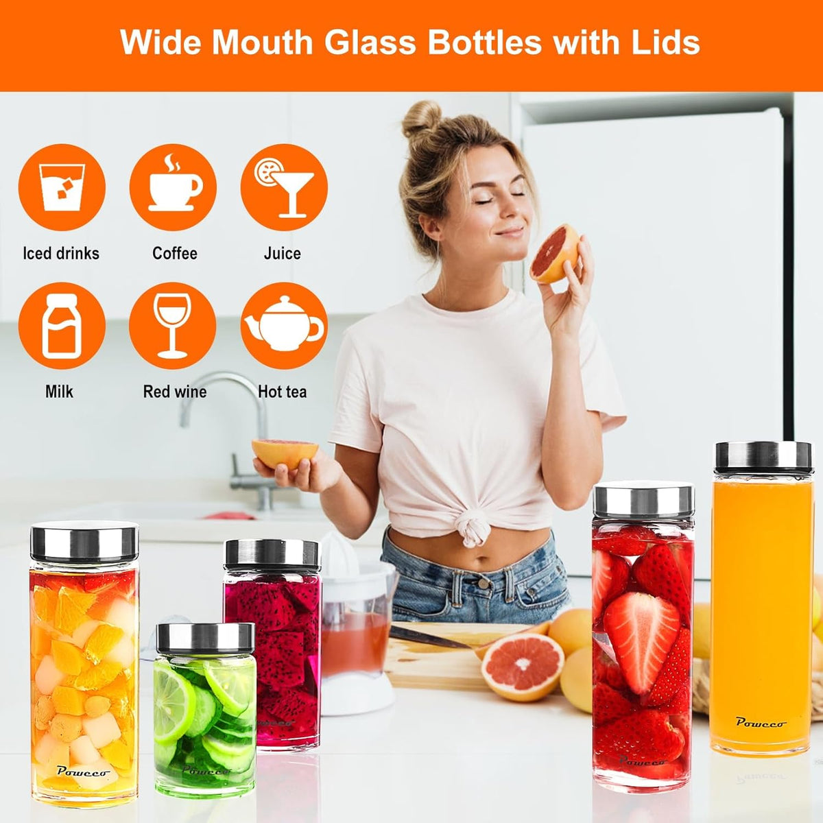 12oz Glass Juice & Water Bottles 6-Pack with Lids- Wide Mouth Reusable Borosilicate Glass- for Juicing, Smoothies, Protein Shakes, Blender & Shaker Bottle- Refillable & Dishwasher Safe(12 oz/400ml)