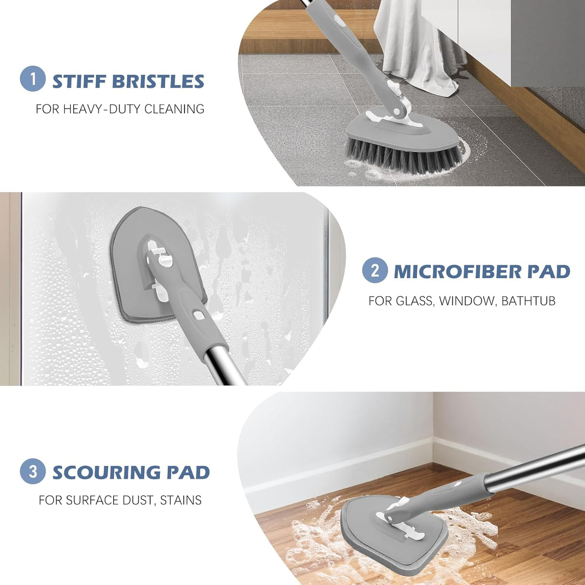 SetSail Floor Scrub Brush, 3-In-1 Tile Tub Floor Scrubber with 52-inch Adjustable Long Handle Shower Cleaner Brush and 3 Detachable Replacement Brush Heads for Cleaning Bathroom Kitchen Tub Tile, Grey