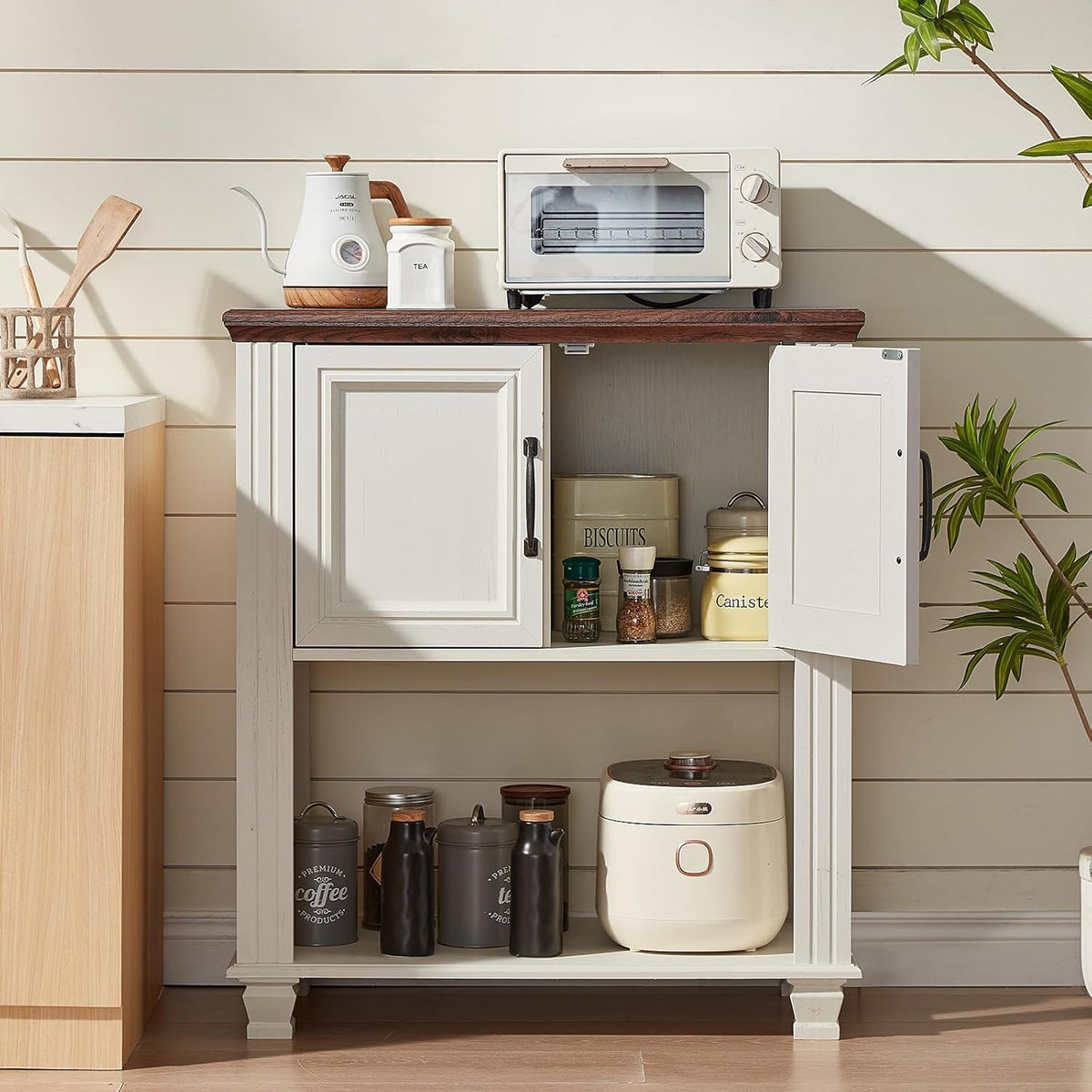 Farmhouse Coffee Bar Station with 2-Door Cabinet, Small Kitchen Cabinet with Open Lower Shelf, Entryway Table with Storage for Dining Room, Kitchen, Hallway, Living Room, White