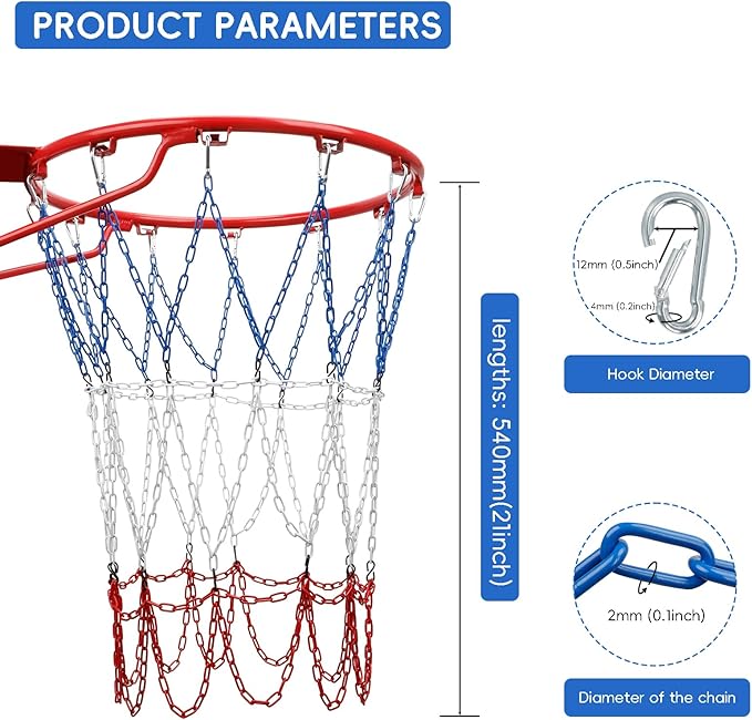 Basketball Net, Stainless Steel Braided Chain Heavy Duty, Standard Basketball Net (12 Links), Quick Installation. Suitable for Indoor and Outdoor Climates