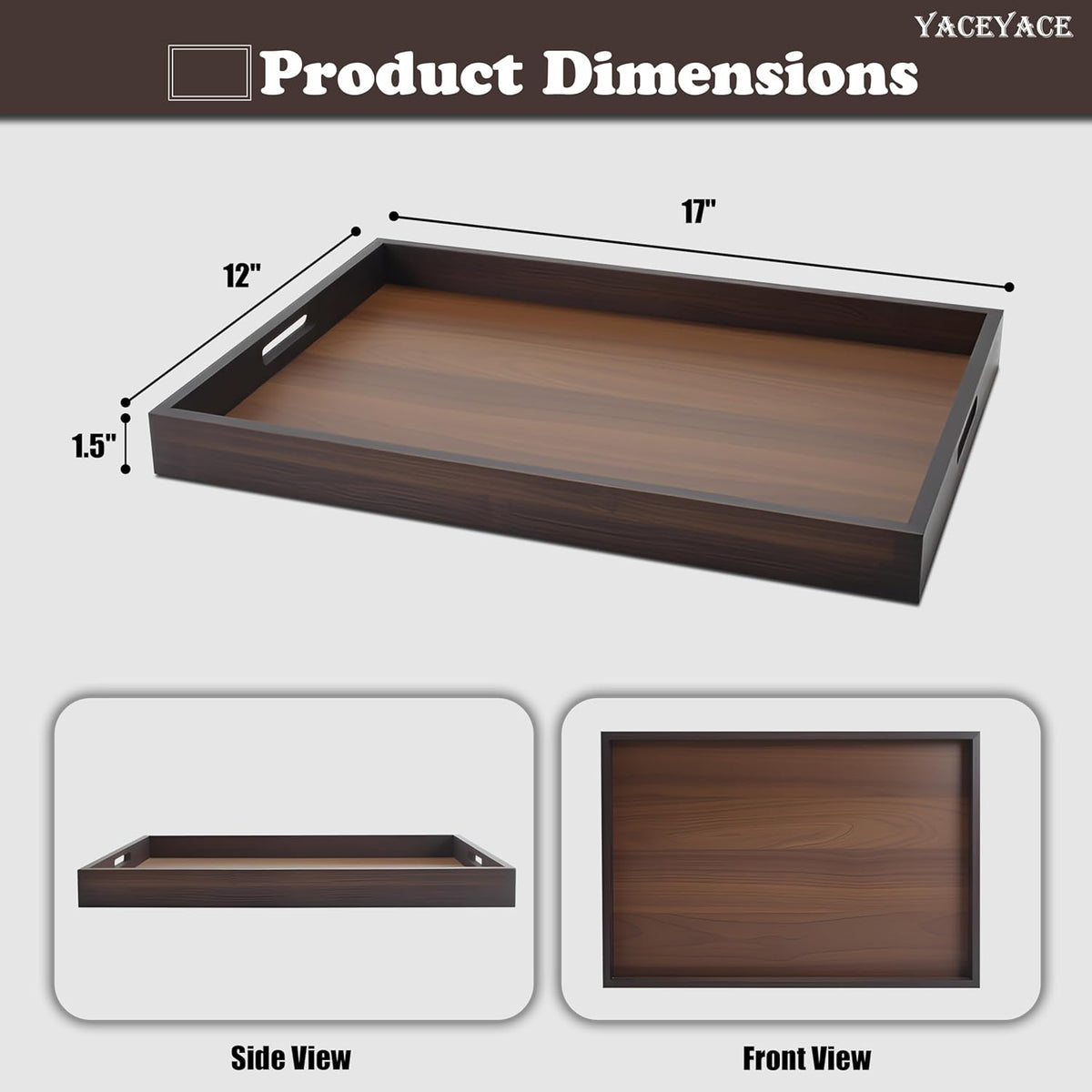 Wood Serving Tray with Handles,17"x12.5"x1.5" Large Serving Tray for Ottoman, Party, Dining, Coffe Table, Home Decor, Bathroom