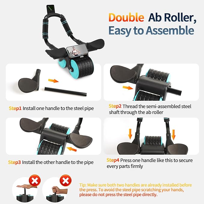 Ab Roller Wheel with Timer & Knee Mat, Home Workout Auto Rebound Abdominal Wheel with Elbow Support - Core Workout Equipment for Strengthening Abs, Home Gym Exercise for Women & Men