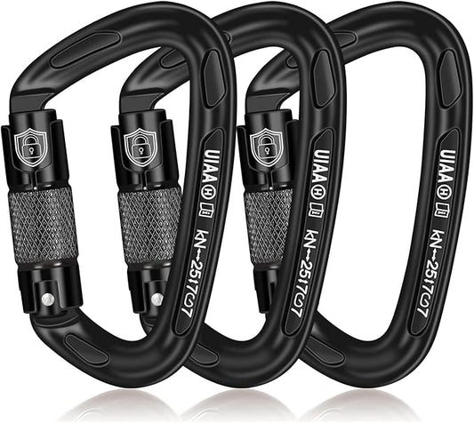 BEIFENG 25KN Auto Locking Carabiner - UIAA Certified Heavy Duty Climbing Carabiners for Rock Climbing, Camping, Rappelling, Hunting, Rescue Equipment - Professional Carabiner Clips (Black)