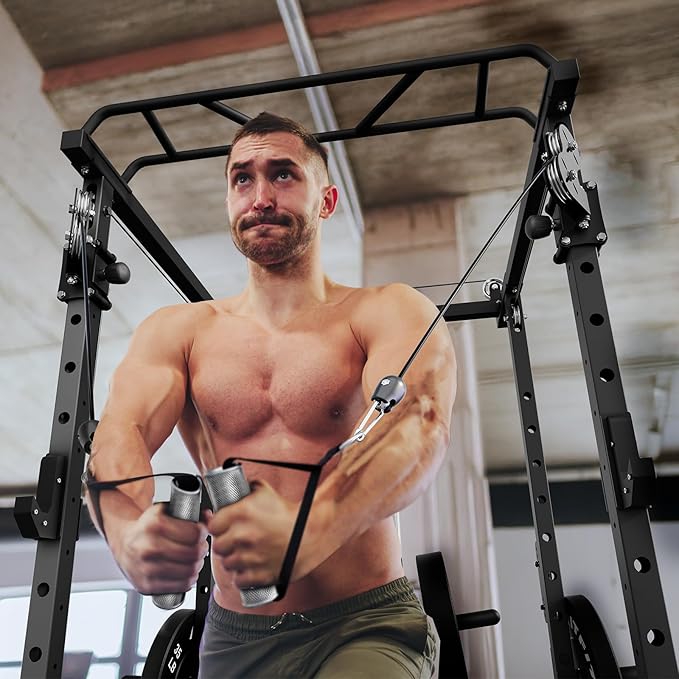 RitFit Power Cage with Optional LAT PullDown/Cable Crossover, 1000LB Squat Rack for Home & Garage Gym, with Weight Storage Rack and More Training Attachments, ASTM-Certified