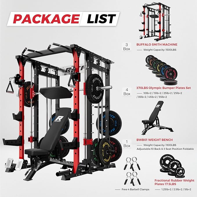RitFit Smith Machine Power Cage with LAT Pulldown & Cable Crossover, All-in-One Power Rack Home Gym System with Leg Press Attachment & Accessories