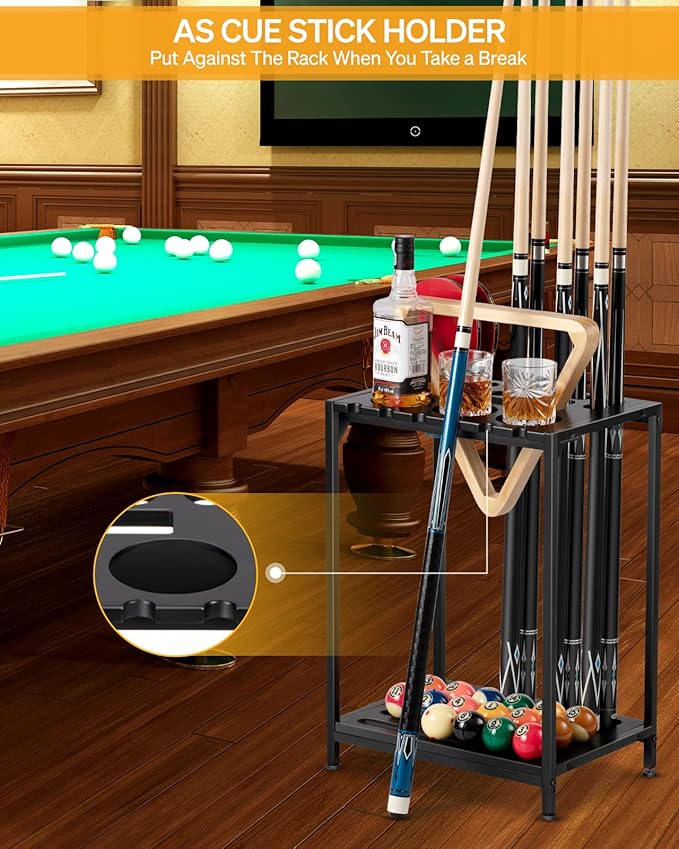 Billiards Pool Stick Holder - Pool Cue Rack Floor Stand & Ping Pong Paddle Holder Hardwood Pool Cue Holder for 12 Cues Sticks Pool Table Accessories Organizer (Black)
