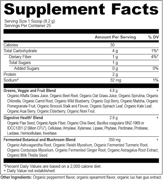 Ancient Nutrition SuperGreens Powder with Probiotics, Organic Peppermint Flavor Greens, Made from Real Fruits, Vegetables and Herbs, for Digestive and Energy Support, 25 Servings, 7.23oz