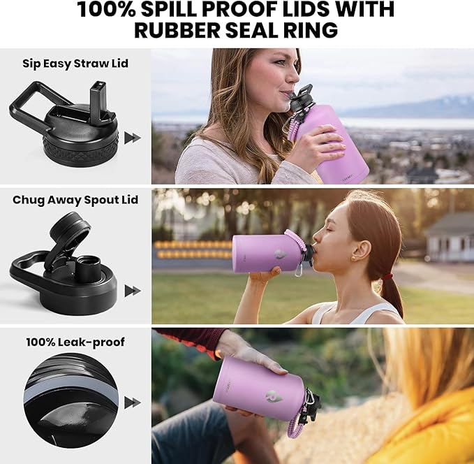 One Gallon Water Bottle Insulated, Triple Walled Vacuum Stainless Steel (Cold for 48 Hrs), Leak Proof & Non-BPA, Large Water Flask Jug with Paracord Handle & Straw Spout Lids