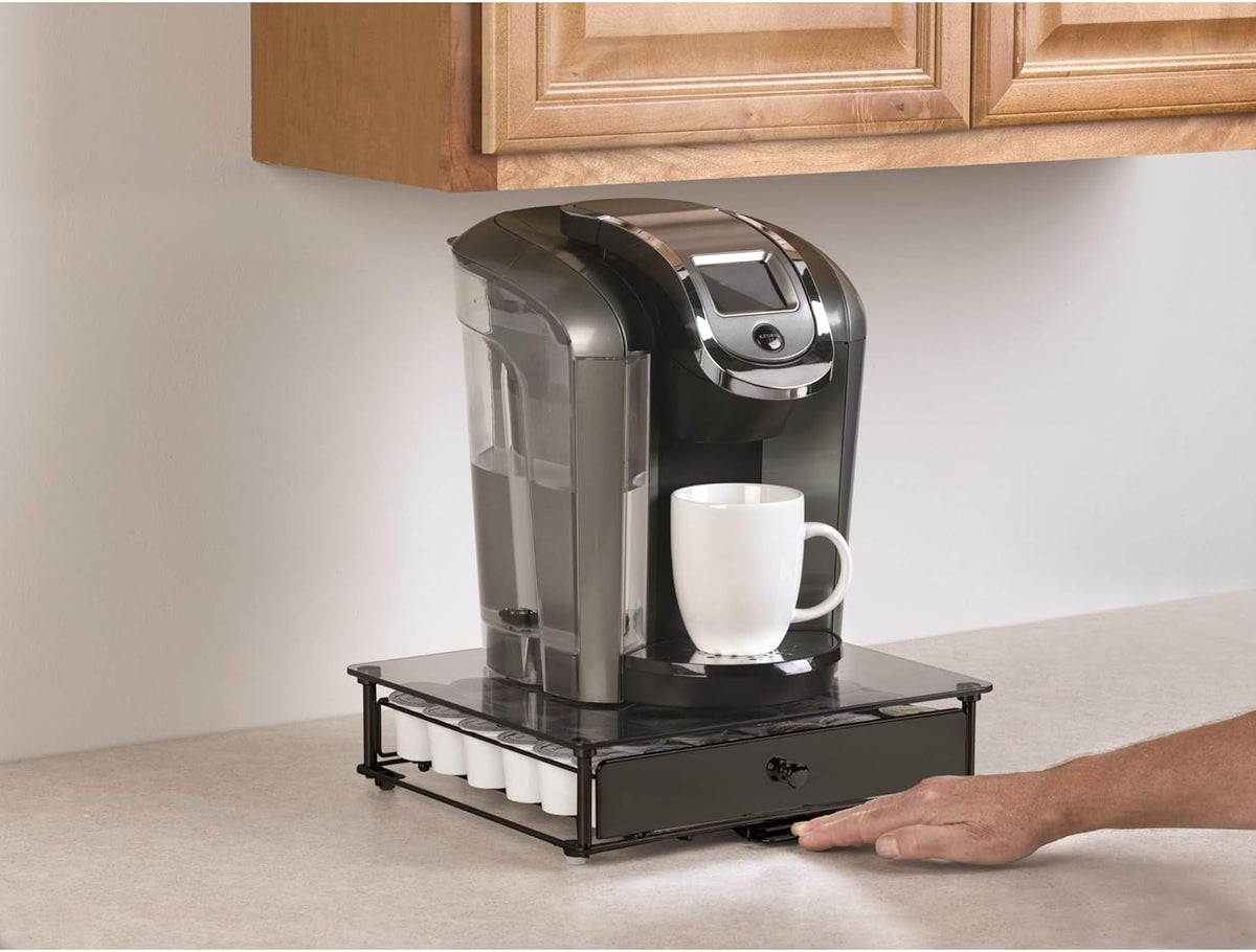 Nifty Rolling Coffee Pod Drawer – Tempered Glass, Black, Compatible with K-Cups, 36 Pod Pack Holder, Compact Under Coffee Pot Storage Drawer, Slim Home Kitchen Counter Organizer