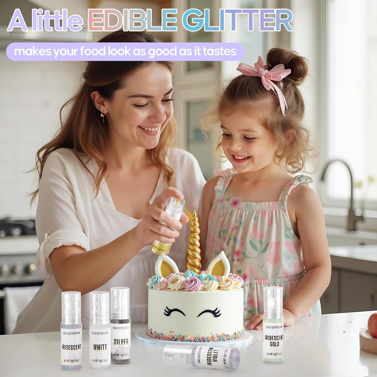 Edible Glitter Spray,Iridescent Gold & Iridescent Violet 2 Colors Food Grade Edible Glitter Set for Drink Cake Beverages,Cupcakes,Cake Pops and Cookies Decorating