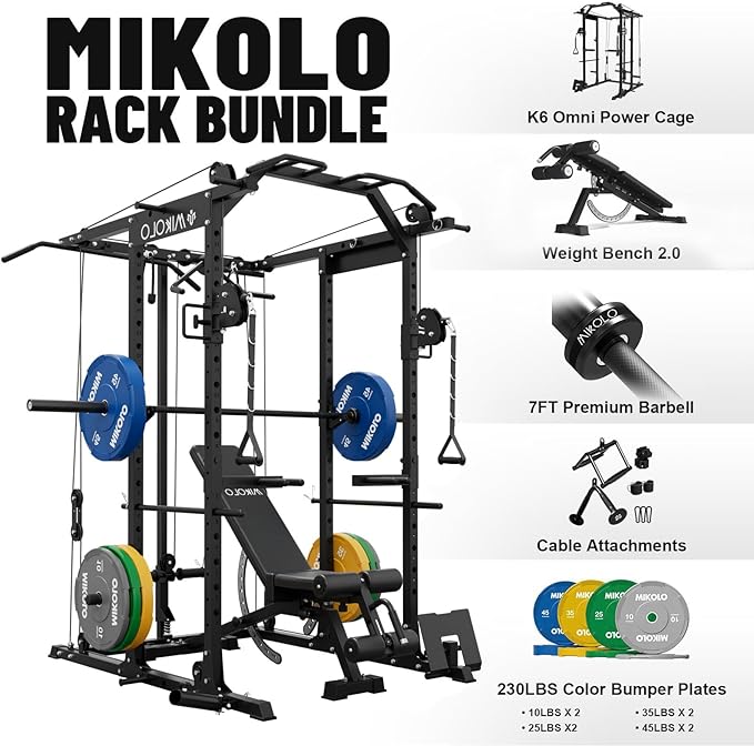 Mikolo Power Cage, Power Rack with Cable Crossover System, 1500LBS Squat Rack with LAT Pull Down System, Workout Cage with Pulley System for Fitness Home Gym