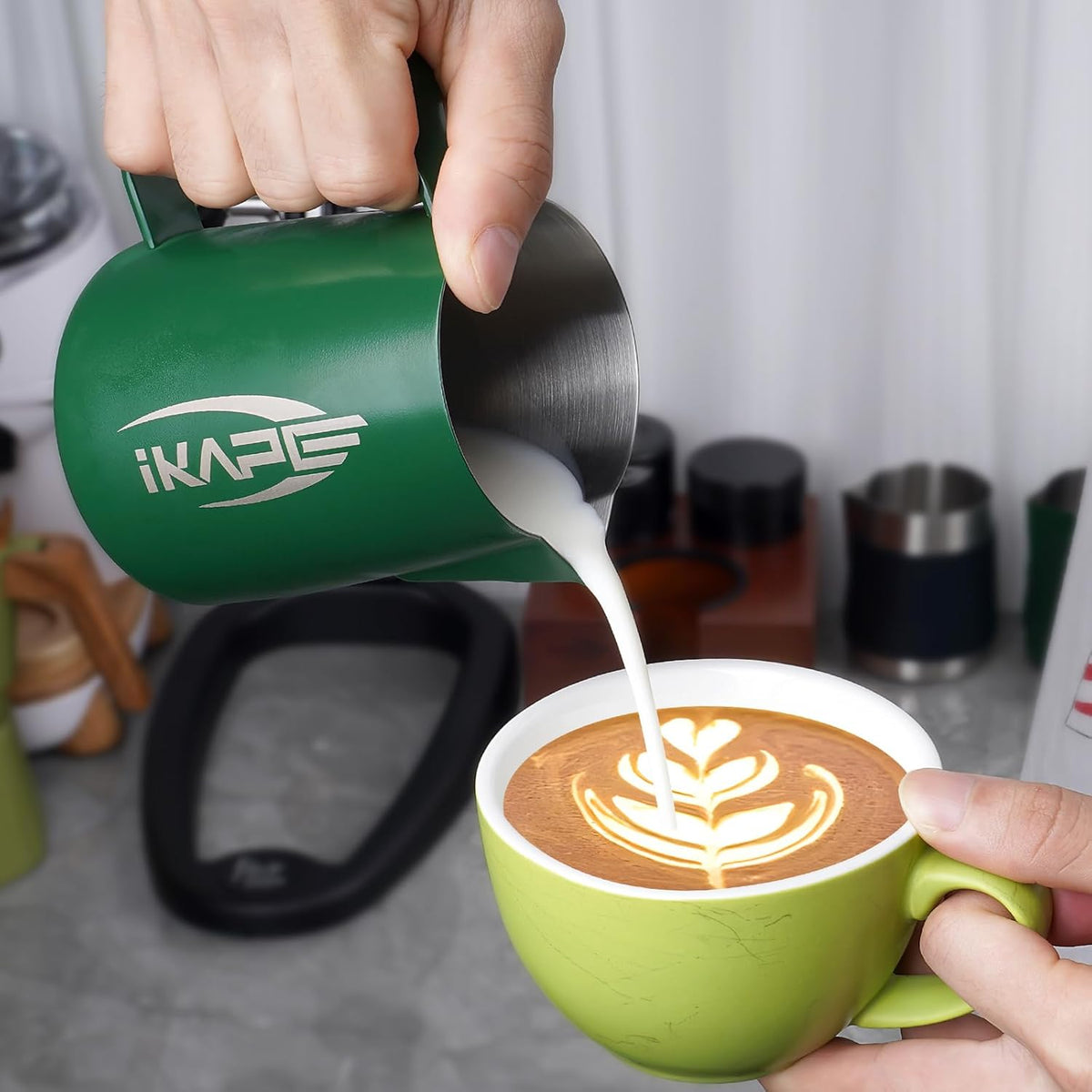 IKAPE Espresso Milk Pitcher, Espresso Steaming Pitcher with Sharp Spout for Espresso Barista Tool, 20.3 oz / 600ml Milk Frothing Jug (Green)