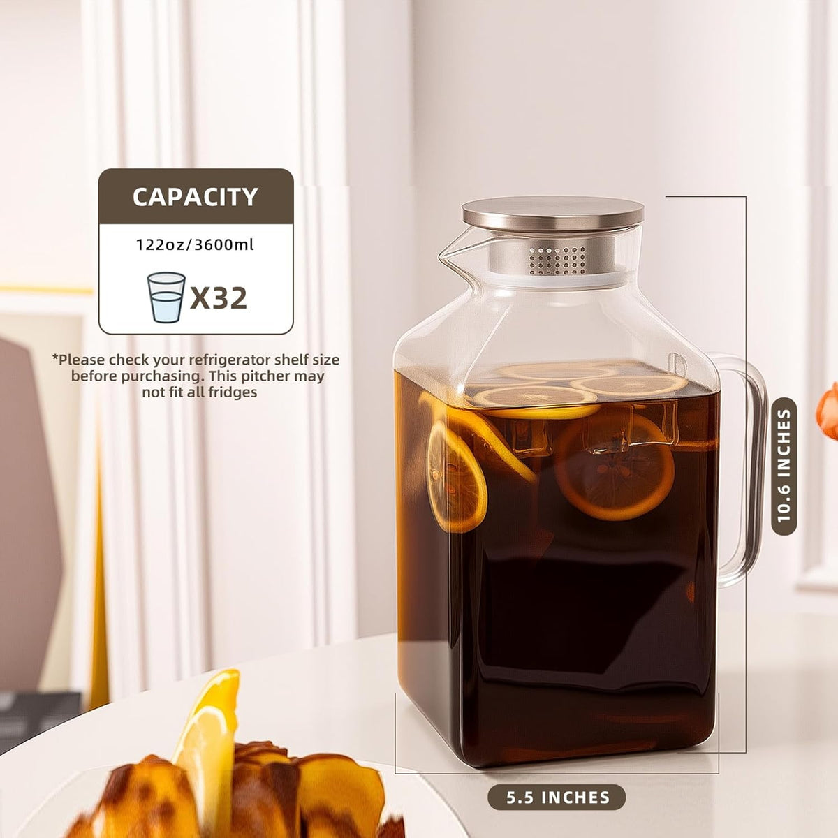 Glass Pitcher, 3.6L Glass Water Pitcher with Tight Stainless Steel Lid, Heat Resistant Borosilicate Glass Carafe, Temperature Safe (MG10)