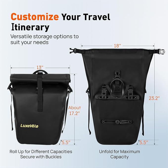 Bike Pannier Bag 27L Waterproof Bicycle Rear Rack Bag, Large Capacity Expandable Cargo Rack Bag with Reflective Strips, Adjustable Buckles for Cycling Traveling Commuting