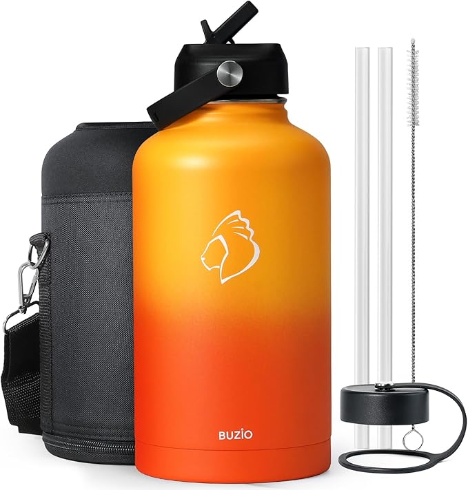 BUZIO 64oz Water Bottle, (Cold for 48 Hrs) Triple Wall Insulated Stainless Steel Leakproof Half gallon Jug/Flask with Straw Lid and Carry Bag for Sports Hiking, Camping, Yellow Orange