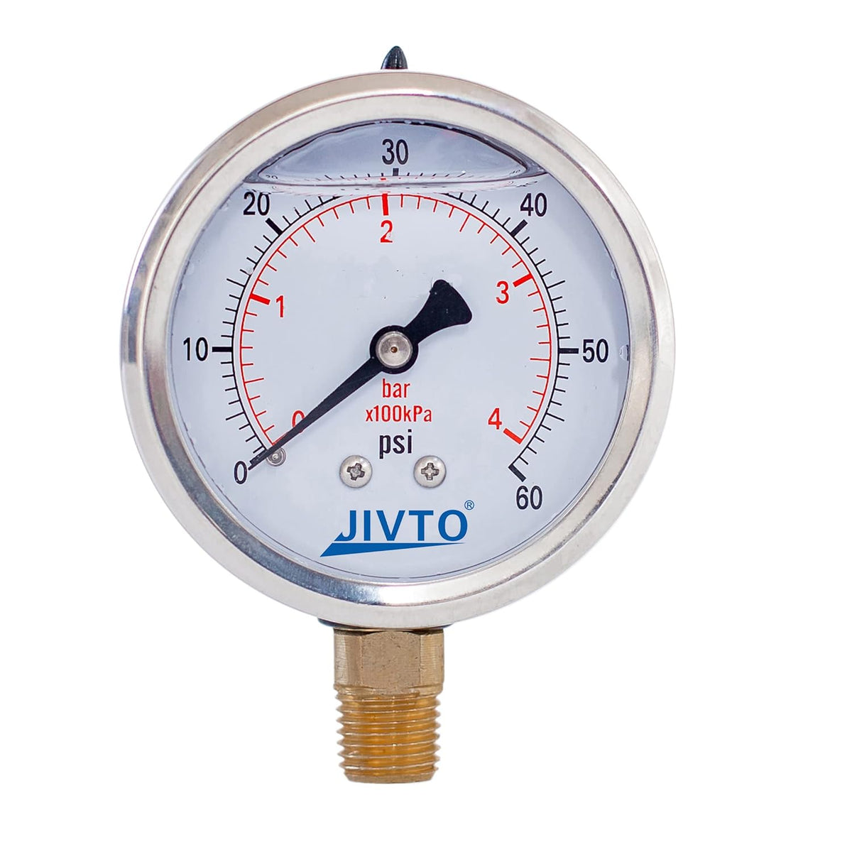 Pressure Gauge,Glycerin Liquid Filled,2-1/2" Dual Scale Dia,0-60 psi/bar/kpa,1/4" NPT Male Brass Connection,Lower Mount, Stainless Steel Case, Pneumatic,Pump,Hose,Well Tank,Gas Air Water Oil