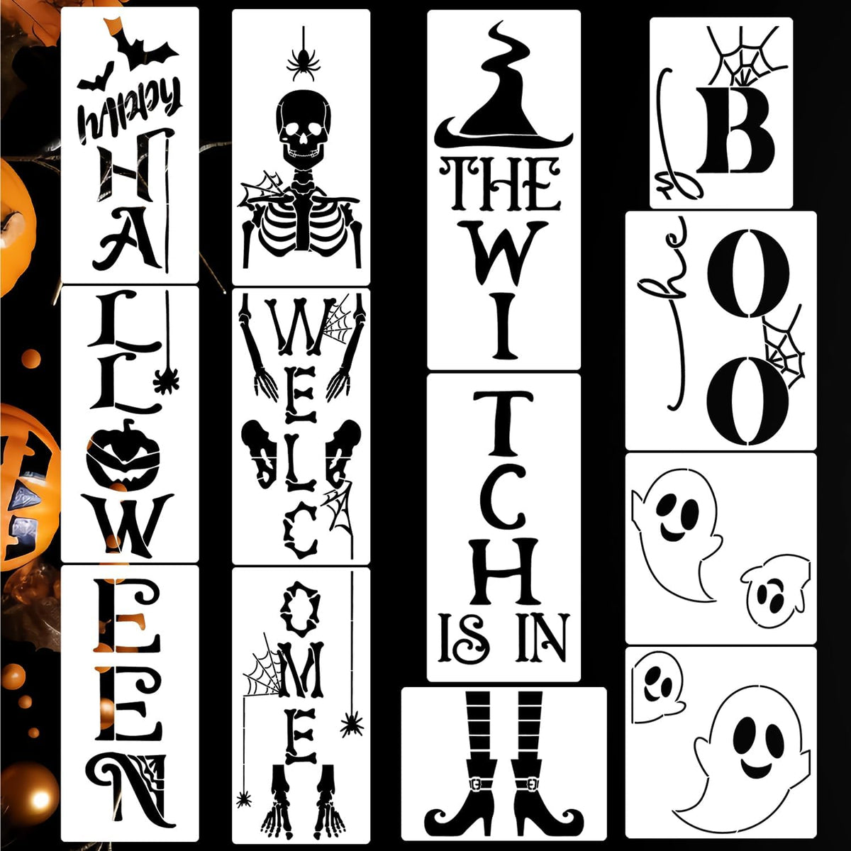 Halloween Stencils for Porch Sign Large Skeleton Boo Stencils Witch Ghost Drawing Templates for Porch Wood Sign Decor