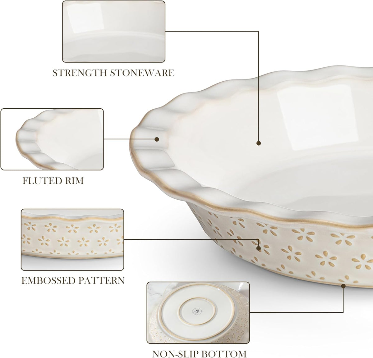 MALACASA 9 Inch Pie Pan, Embossed Deep Dish Plate, 45 OZ Round Quiche Baking Dish for Oven, Fluted for Apple Pie and Quiche, Set of 2, Series LYDIA