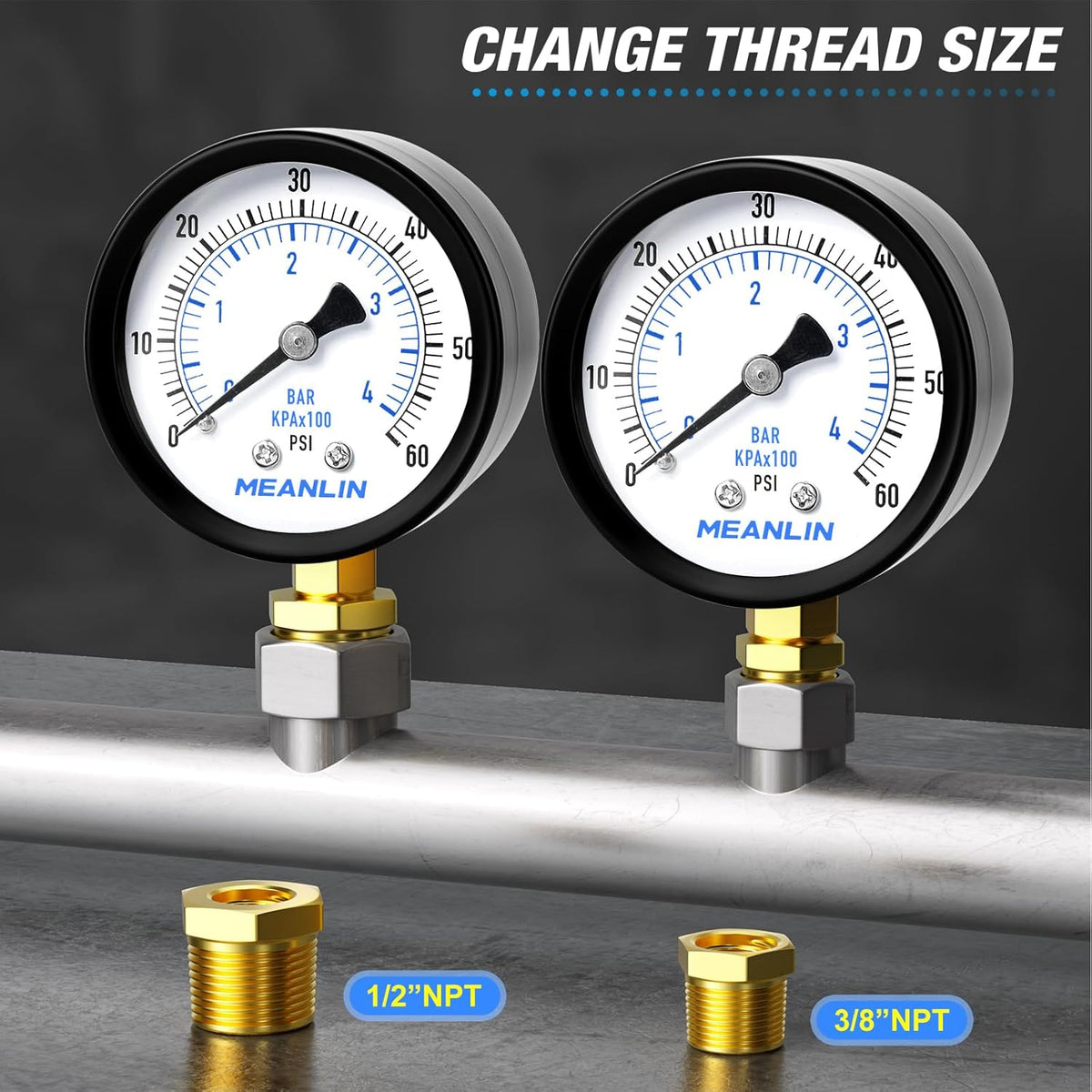 MEANLIN MEASURE 1/4" NPT 0-60Psi 2" Dial Face Well Pump Pressure Gauge, Lower Mount, Suitable for Water, Oil, Air Pressure Testing