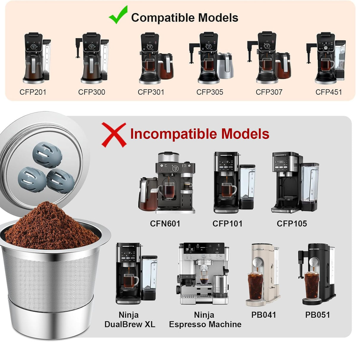 Reusable K Cups Compatible with Ninja Coffee Maker,Stainless Steel 4 Pack Reusable Coffee Pods,Permanent K Cups Coffee Filters Fit for Ninja CFP201 CFP 300 CFP301 CFP305 CFP307 CFP400 (4Pack)