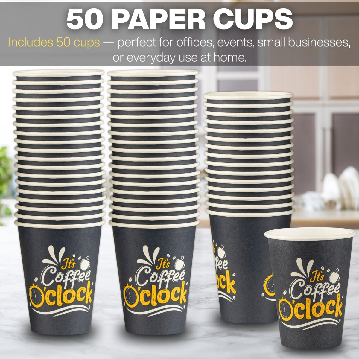 Smygoods Disposable Coffee Cups, To Go Paper Hot Cups, Coffee O'Clock Design (12 OZ, 50 Count) For Hot Beverages, Coffee, Tea, Espresso, Cocoa - Vasos Para Cafe