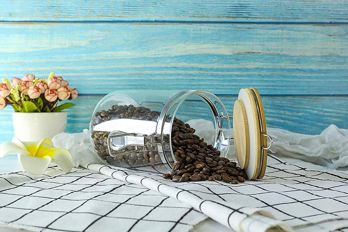 Set of 5 Borosilicate Glass Sugar Packet Holder Food Storage Jar Containers with Airtight Bamboo Clamp Lid, Airtight Canisters for Kitchen Bathroom and Pantry Organization, Cookie Jars for Flour