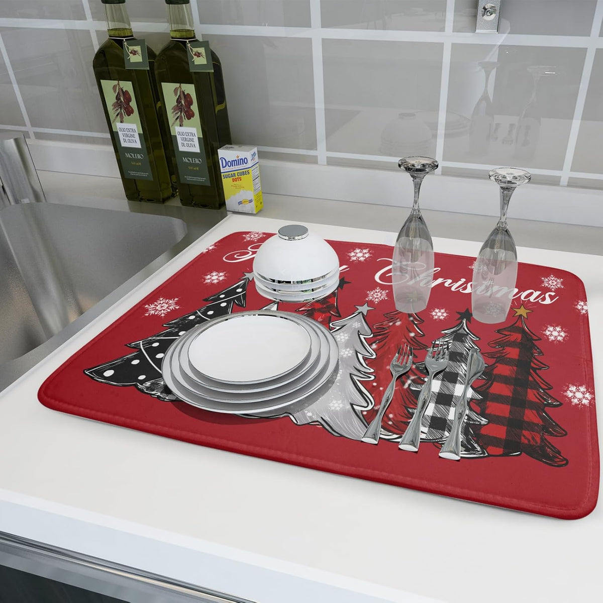 Merry Christmas Dish Drying Mats for Kitchen Counter 18x16 Inch Christmas Tree Snowflake Mat Xmas Buffalo Plaid Dish Rack Mat Reversible Absorbent Dishes Pad Kitchen Accessories for Counter tops