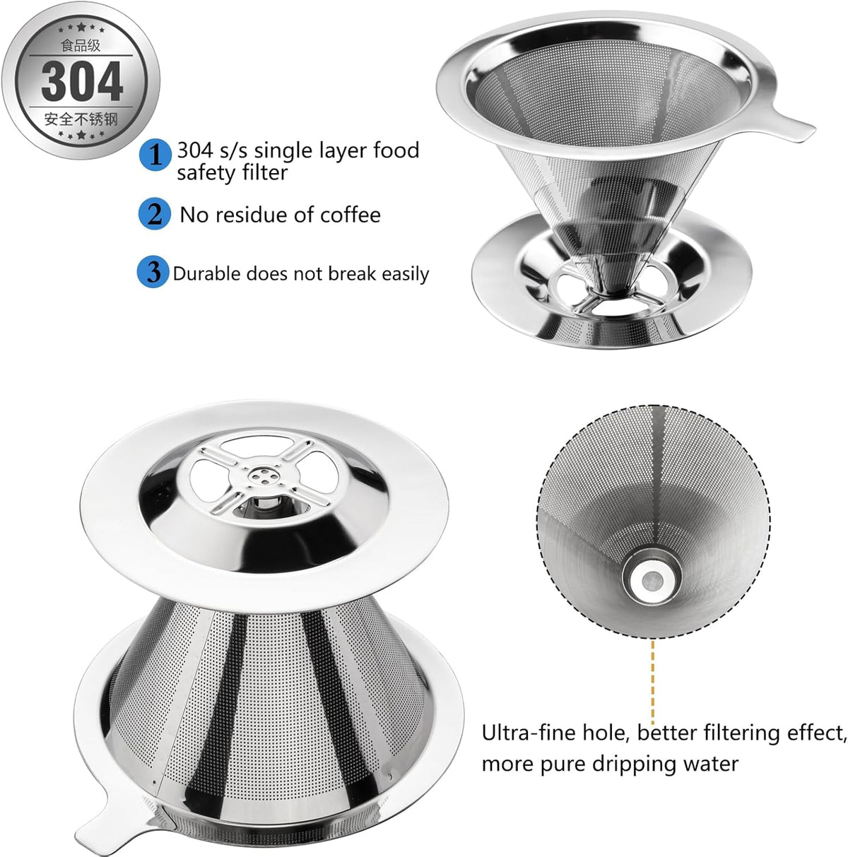 Pour Over Coffee Dripper Stainless Steel Coffee Filter Cone Coffee Filters Double Mesh Design Reusable