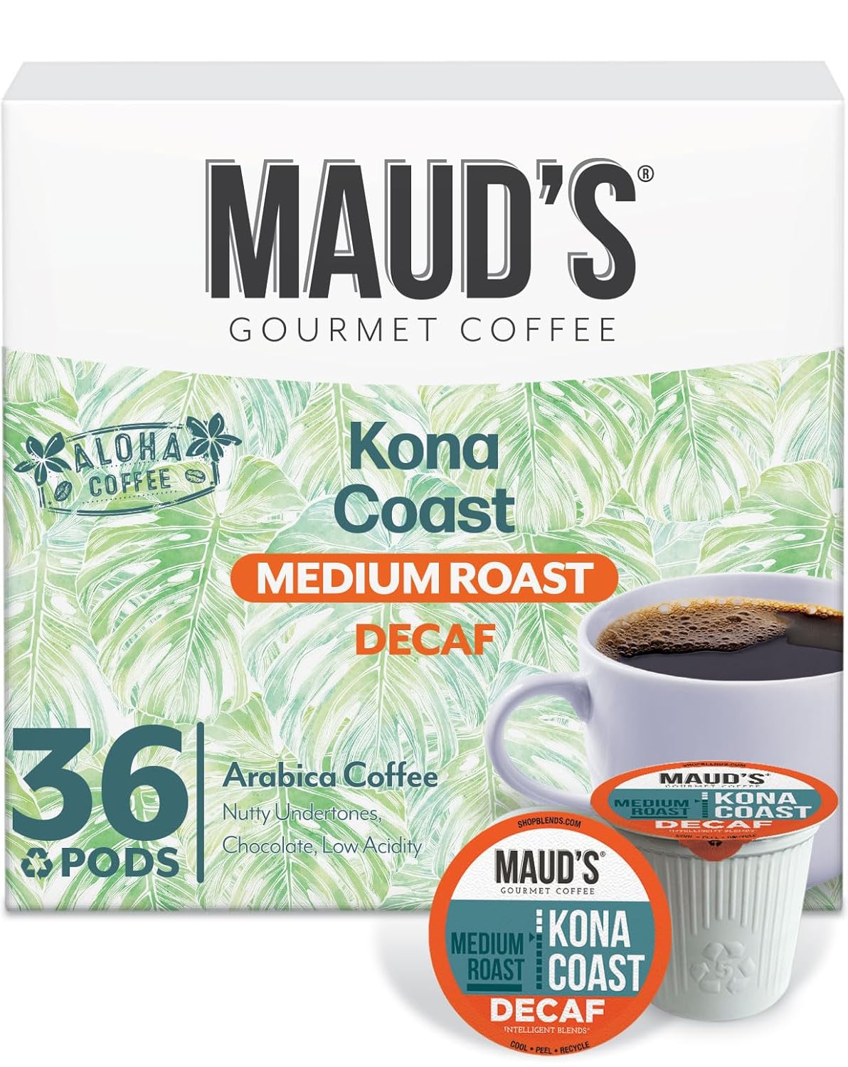 Maud's Decaf Kona Coffee Pods, 36 ct, Decaffeinated Medium Roast Coffee in Recyclable Single Serve Pods – 100% Arabica Coffee, Compatible with Keurig K Cups Maker