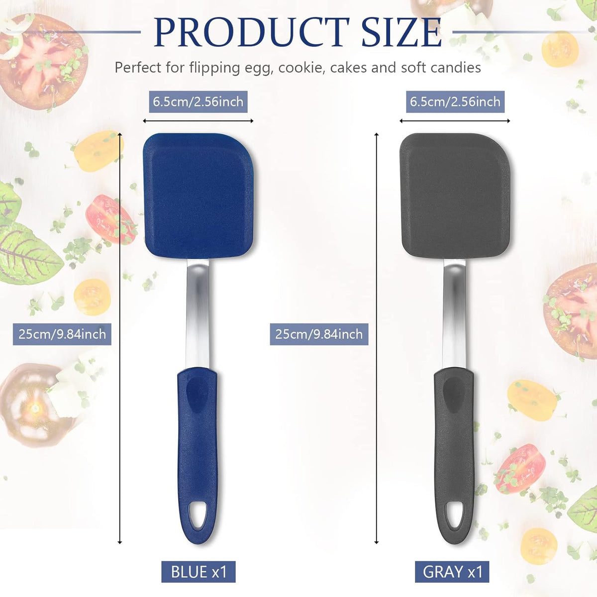 Silicone Cookie Spatula Turner 2 Pack Mini Brownie Spatula Flexible Kitchen Small Silicone Turner for Nonstick Cookware Heat Resistant No Scratch Flipper for Egg Pancake(Gray, Blue)