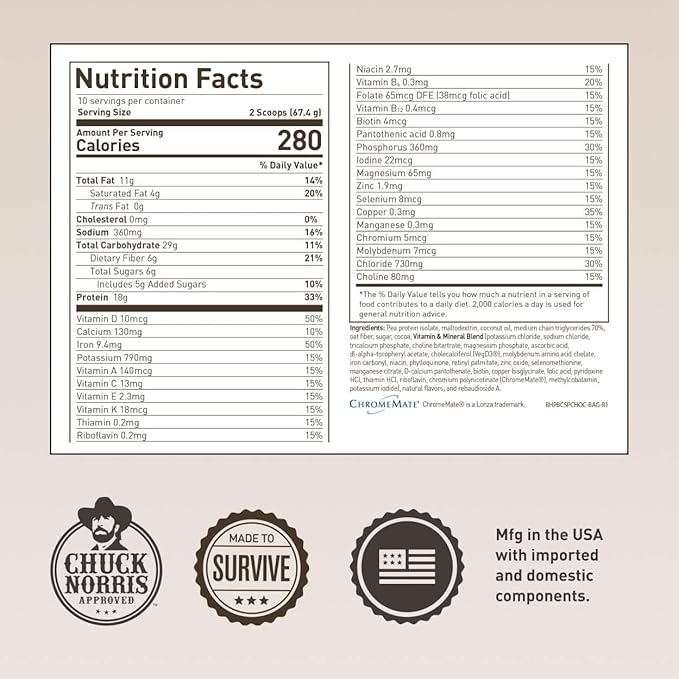 Basecamp Complete Nutrition Shake by Chuck Norris Roundhouse Provisions – Plant-Based Emergency Meal with 18g Protein & 28 Essential Nutrients – Rich Chocolate Flavor – 10 Servings, 3-Year Shelf Life