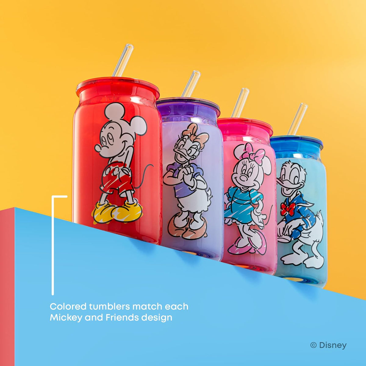 JoyJolt Disney Mickey Mouse and Friends Color Sketch Glass Tumblers with Lids and Straws, 16oz Glass Cups with Lids and Straws, Can Shaped Drinking Glasses Set of 4, Disney Gifts for Adults