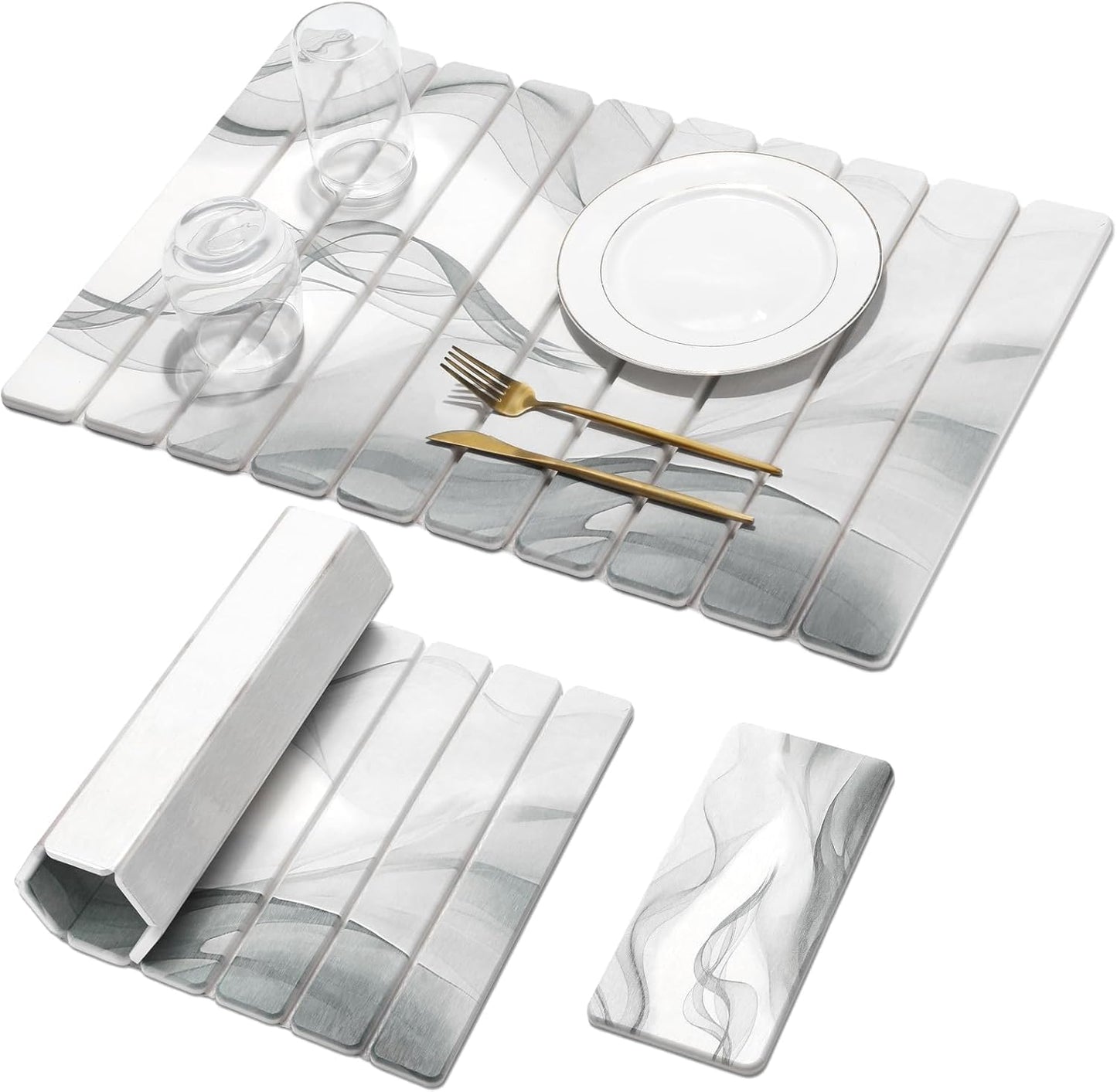 2 PCS Large Stone Dish Drying Mat for Kitchen Counter,Quick Dry Stone Dishes Mats,Marbled Water Absorbing Diatomaceous Earth Drying Pad for Countertop Bottles Utensils Cups（Black White 24"×16"&8"x4"）