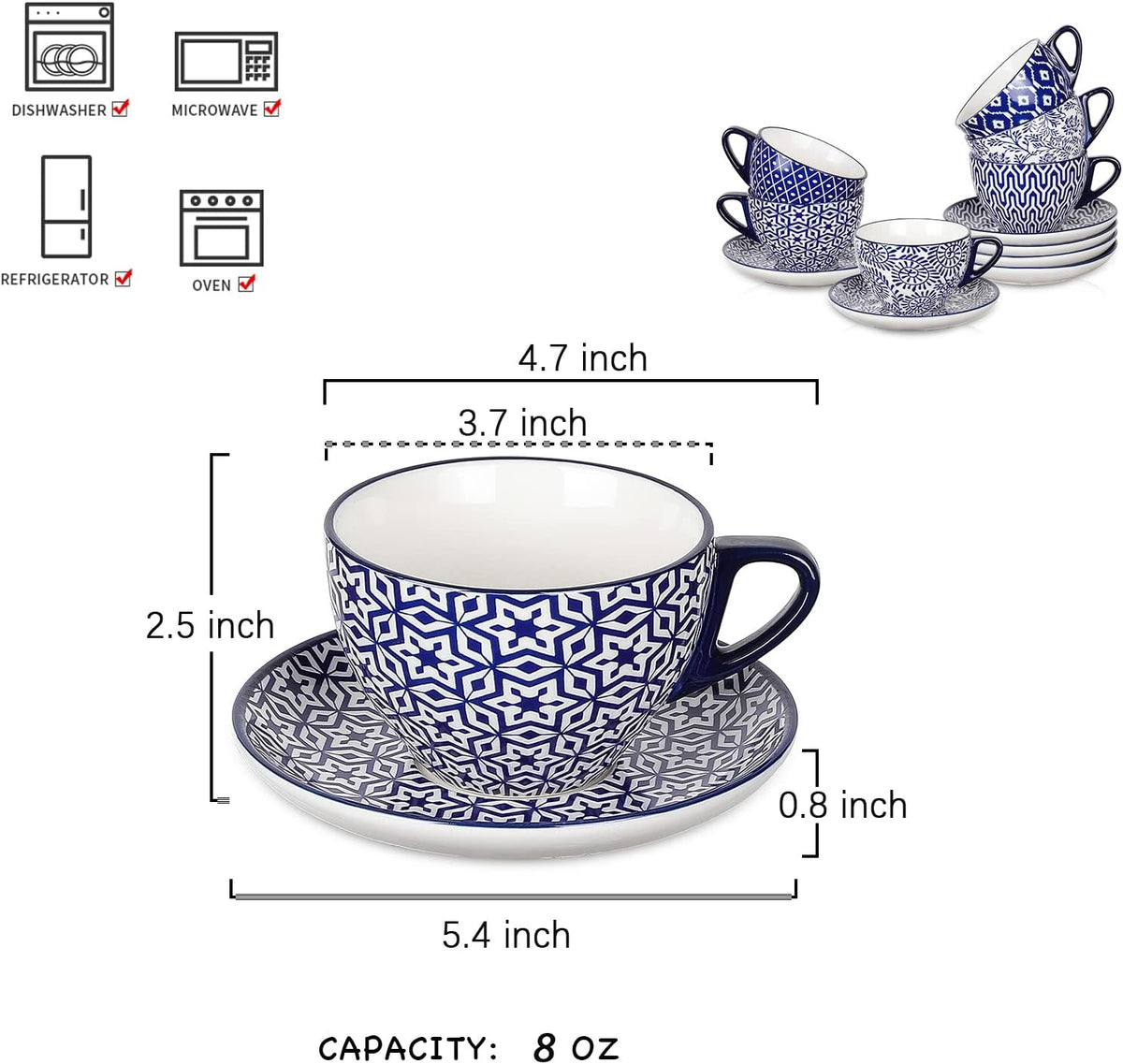 Selamica Ceramic 8 oz Cappuccino Cup Set with Saucers, Espresso Coffee Cups, Latte Macchiato for Party Cafe Home, Set of 6, Vintage Blue