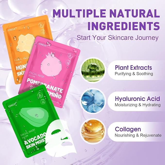 24 Pack Sheet Hydrating Face Masks Skincare, Soothing & Moisturizing Face Mask for All Skin Types, Bulk Collagen Face Mask for Women Skin Care, Facial Masks Set Spa Gifts for Women
