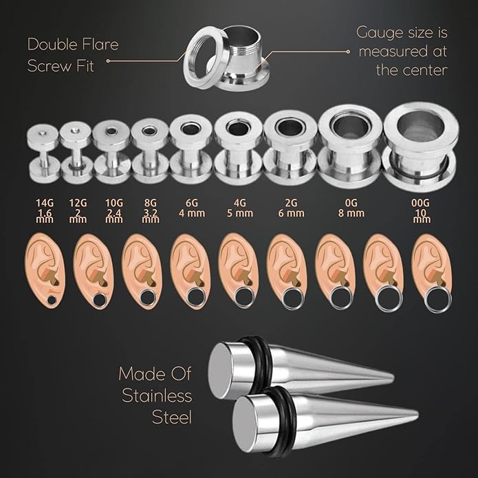 BodyJ4You 37PC Ear Stretching Kit - Beginner Gauges 14G-00G Starter Set - Aftercare Balm Wax - Steel Tapers Single Flare Plugs Screw Fit Tunnels - Women Eyelet Mens Earrings Expander Piercing Jewelry