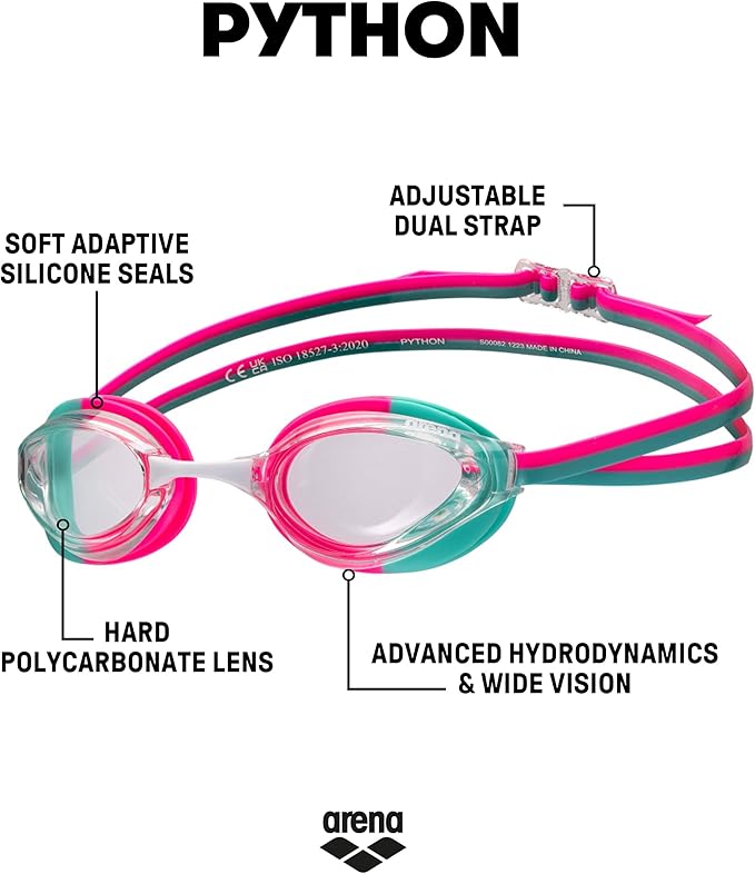 ARENA Unisex Python Racing Swim Goggles for Men and Women Anti-Fog No Leak Max Comfort Dual Strap, Mirror/Non-Mirror Lens