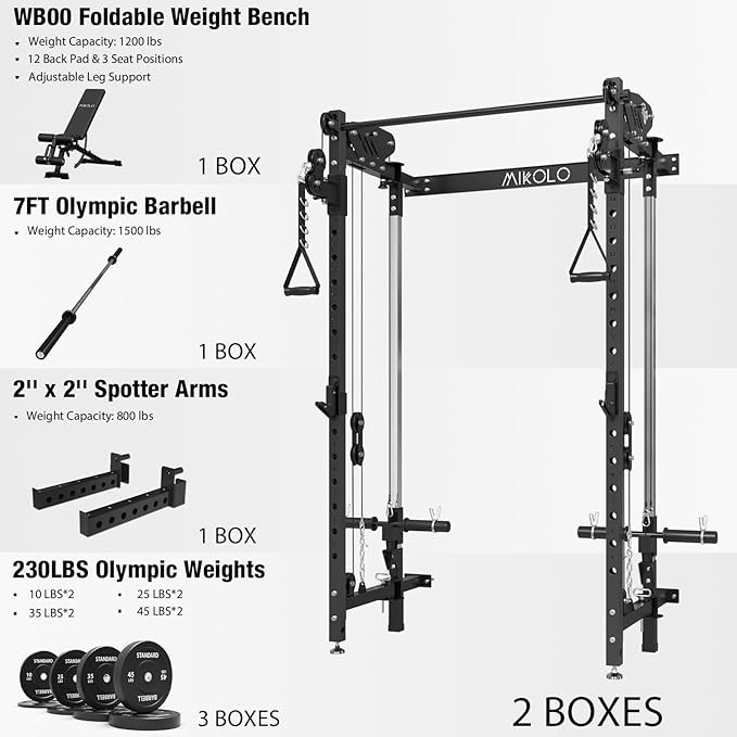Mikolo Folding Squat Rack, Wall Mounted Power Rack with Cable Crossover Machine & LAT Pull Down, Functional Trainer with 5 Adjustable Function Modes, for Home Gym and Space Saving
