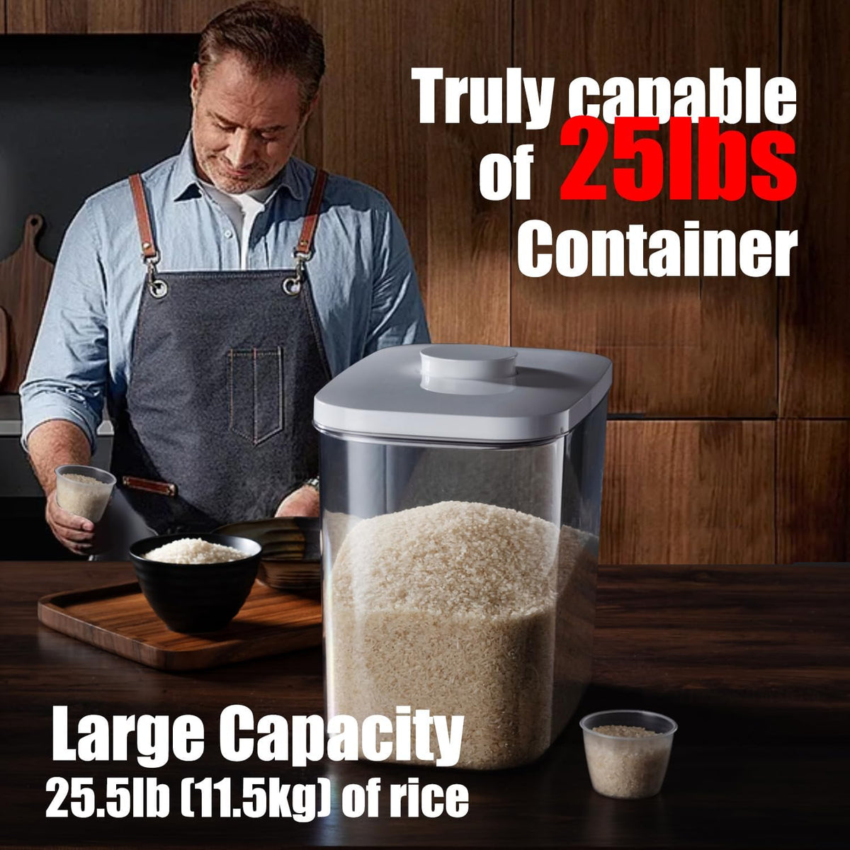 Rice Container - 25 Lbs/12KG/12L Rice Dispenser Storage with Measuring Cup Food Cereal Container Bins Pet Food Container Household for Kitchen Pantry Organization