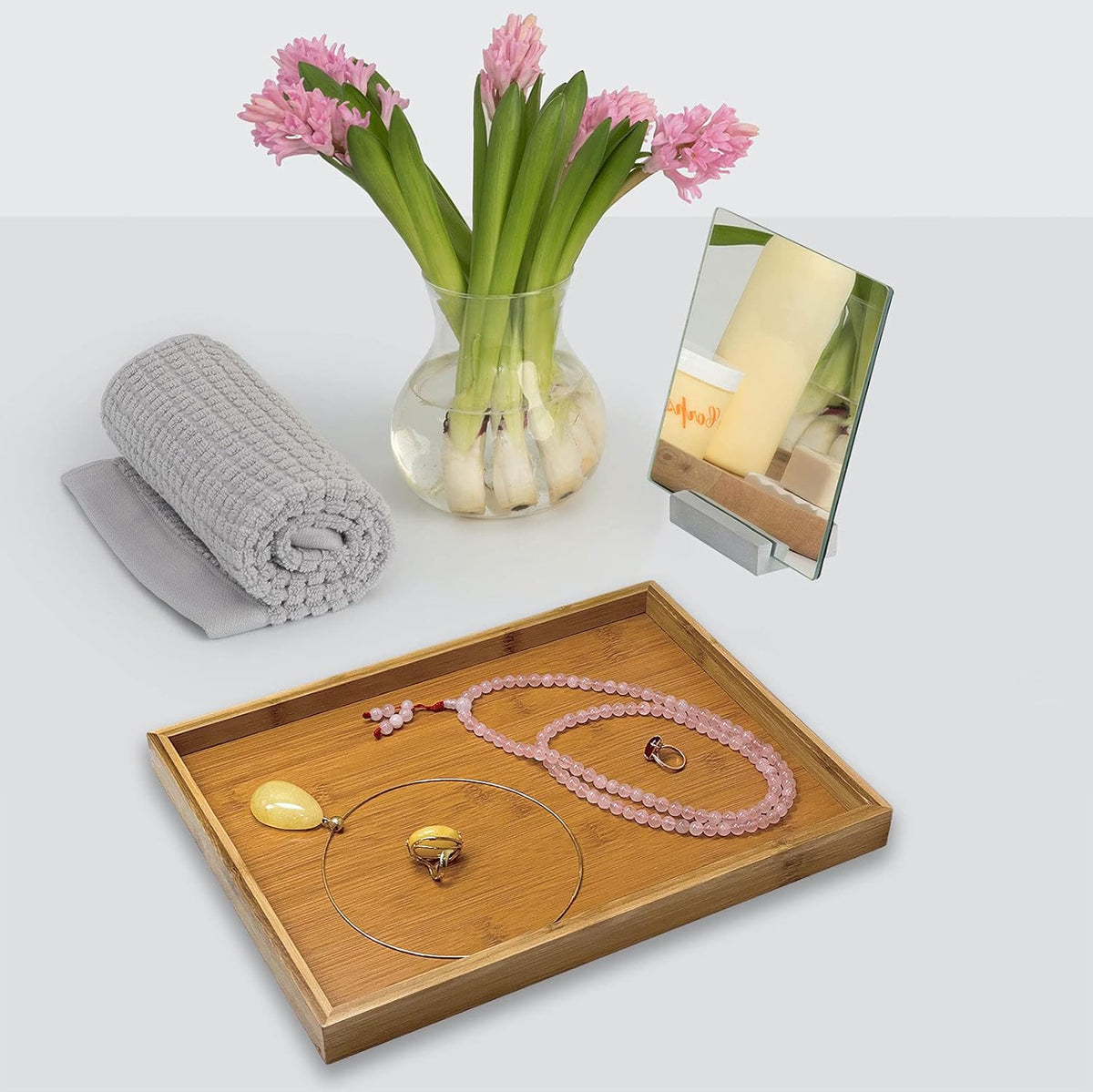 Bam & Boo (4-Pack) Natural Bamboo Rectangle Serving & Vanity Tray - for Kitchen, Bathroom, Countertop, Coffee Table (15.75" x 11" x 1.2")