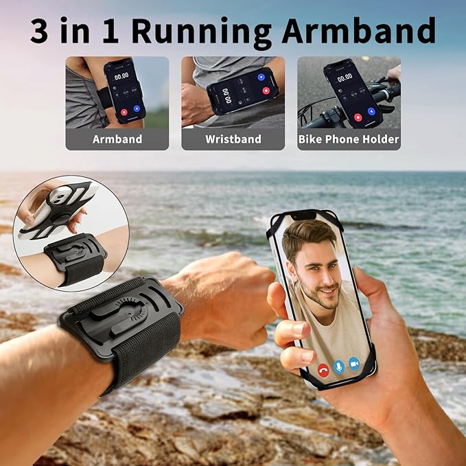 3in1 Running Sports Armband+Wristband+Bicycle Phone Holder,360° Rotation & Detachable Compatible with 4.5-7" Cellphone for iPhone 16/15/Pro/ProMax/14/13/mini/Pro Max/XS/XR