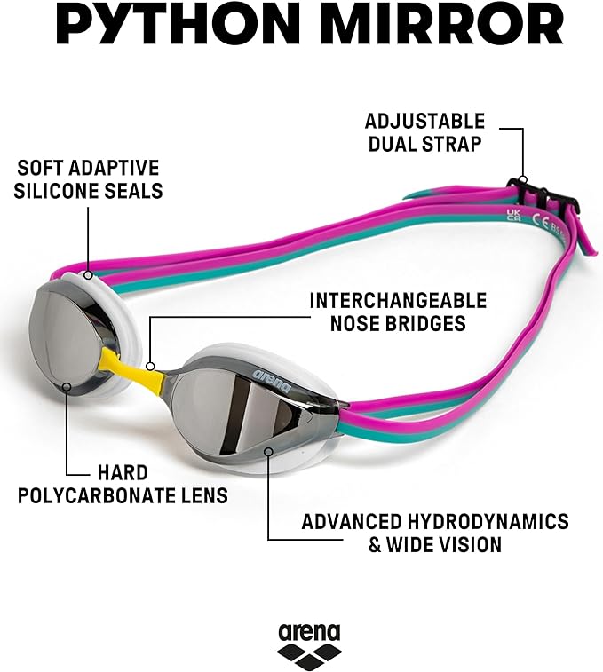 ARENA Unisex Python Racing Swim Goggles for Men and Women Anti-Fog No Leak Max Comfort Dual Strap, Mirror/Non-Mirror Lens