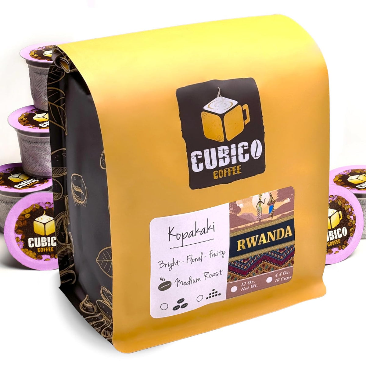 Cubico Coffee Medium Roast Rwanda Kopakaki Single Origin Coffee Pods, 10 Count, K-Cup Compatible Brewers