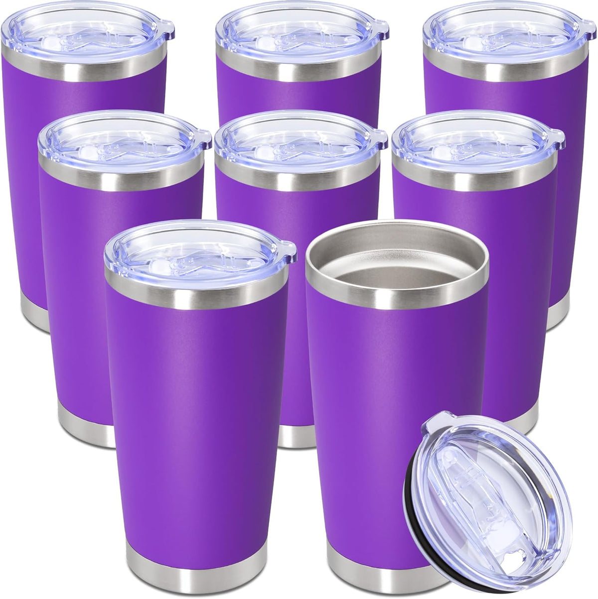 20oz Tumbler Bulk Stainless Steel Tumbler Cup with Lid Vacuum Insulated Double Wall Travel Mug, Durable Powder Coated Travel Coffee Tumbler Mug for Hot & Cold Drinks, Purple,8 Pack